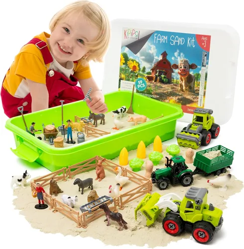 Contenedor sensorial de granja de 59 piezas - Caja de arena con tapa, kit de arena sensorial de 2.2 libras para niños, juguetes de granja para niños