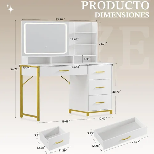 Miniatura 2 de COMHOMA Escritorio de tocador con espejo y luces, mesa de tocador de maquillaje con 4 cajones y estantes de almacenamiento, espejo HD grande, 3