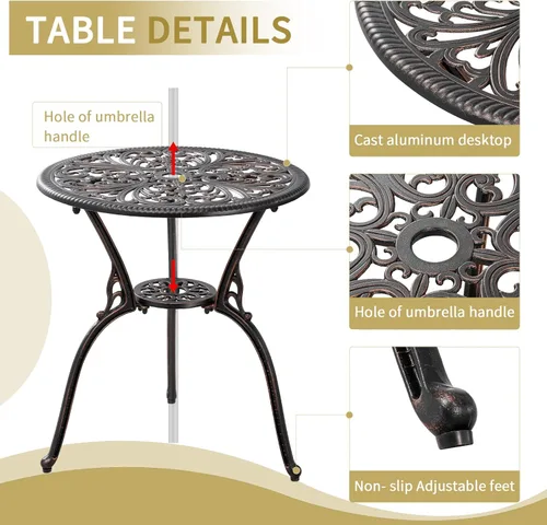 Miniatura 4 de Juego de mesa y sillas de patio para exteriores de 3 piezas, para todo tipo de clima, juegos de bistró de aluminio fundido con agujero