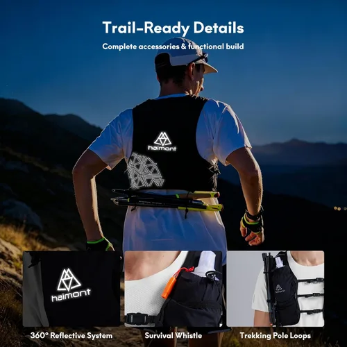 Miniatura 7 de Haimont 8L Trail Running Hydration Vest with Soft Flasks 2L Bladder Compatible, Bounce-Free Fit, Front Storage, Pole Loops, Whistle