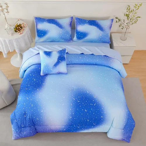 Miniatura 3 de URBONUR Juego de 6 piezas de edredón con brillo degradado para niñas, tamaño completo, ropa de cama de galaxia azul para niños, juego de edredón