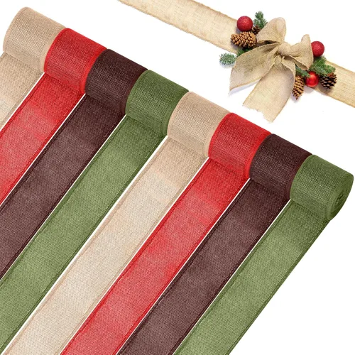 Miniatura 7 de WILLBOND 8 rollos de 44 yardas de cintas navideñas con borde de alambre, rollos de arpillera con alambre de tela navideña, cinta de tejido