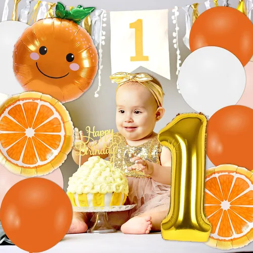 Miniatura 6 de Whaline 30 piezas de suministros de decoración de primer cumpleaños naranja Little Cutie número uno, globo de letra UNO, globos naranjas, globos