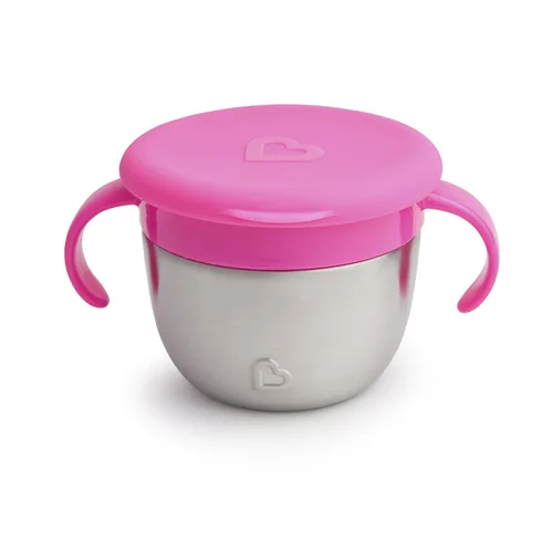 Munchkin® Snack+™ Pinza para aperitivos de acero inoxidable con tapa, 9 onzas, rosa, paquete de 1 unidad