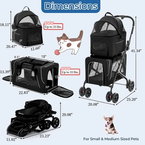 Miniatura 3 de Cochecito doble para perros con portavasos, cochecitos plegables 3 en 1 para gatos con 2 transportadores desmontables, cinturón de seguridad, funda
