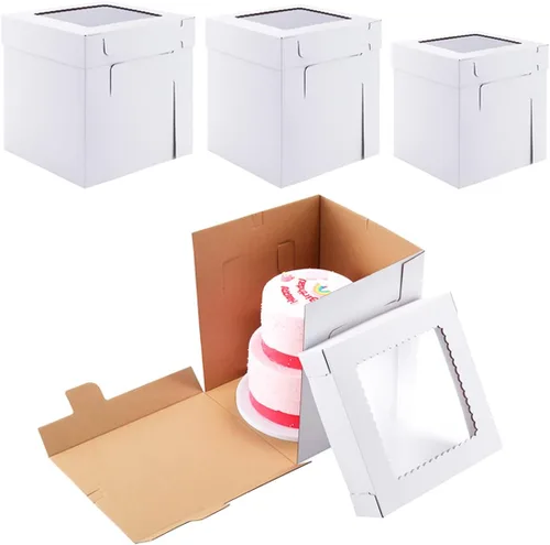 Cajas altas para pasteles de nivel, 3 tamaños, 6 paquetes de 8 x 8 x 10, 10 x 10 x 12 y 12 x 12 x 12 pulgadas, caja de pastel alta blanca resistente