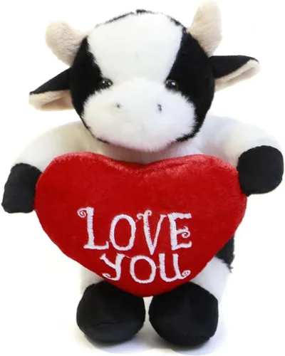 Plushland Animal de peluche con corazón rojo – Love You– Juguete de animales de peluche para niños y adultos – Almohada de corazón bordada – 8 vaca