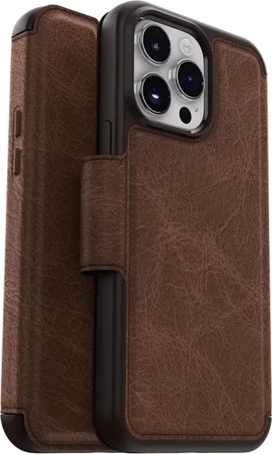 OtterBox Funda para iPhone 14 Pro Max (solamente) Strada Series - Espresso (marrón), tarjetero, piel auténtica, apta para bolsillo, funda tipo folio