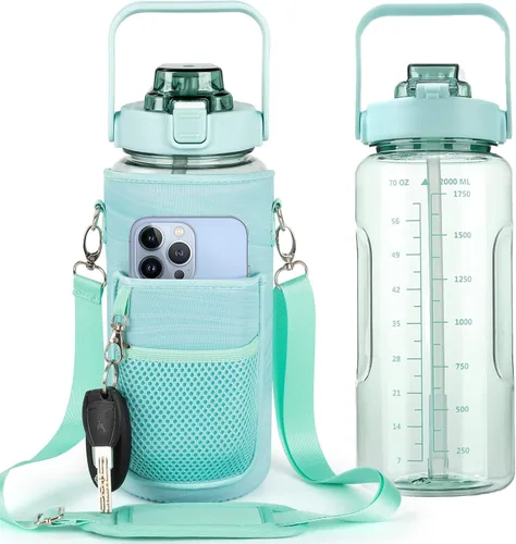 Miniatura 15 de Botella de Agua de Medio Galón con Funda, Botella de Agua Motivacional de 64 Onzas con Pajita y Marcador de Tiempo, Botella de Agua Grande