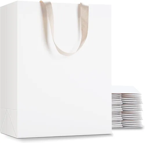 Miniatura 11 de Bolsas de regalo blancas con asas, 10 bolsas pequeñas de papel blanco de 5.25 x 3.75 x 8 pulgadas con asas de cinta, bolsa de compras de papel kraft