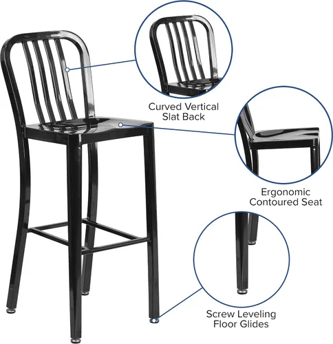 Miniatura 4 de BizChair Taburete de bar de metal negro para interiores y exteriores de 30 pulgadas de alto con respaldo de listón