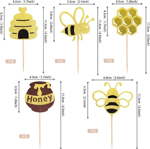 Miniatura 2 de Rsstarxi Paquete de 30 adornos para cupcakes de abejorros con purpurina dorada de panal de abeja, decoración de pasteles para revelación de género
