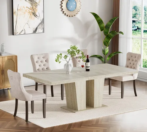 Miniatura 73 de Juego de mesa de comedor extensible de 5 piezas, juego de mesa de comedor extensible de estilo granja para 4, mesa de cocina expandible de madera