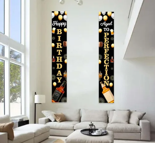 Miniatura 5 de Cartel retro de feliz cumpleaños y envejecido a la perfección con temática de whisky negro y dorado, decoraciones para puerta delantera, porche