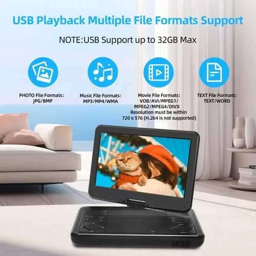 Miniatura 6 de Combo de reproductor de TV/DVD portátil de 12.5 pulgadas con pantalla giratoria HD de 10.1 pulgadas, sintonizador digital/HDMI/USB/AV, batería