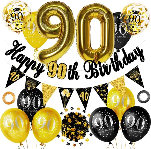 Miniatura 12 de Decoraciones de fiesta de cumpleaños número 16 para hombres y mujeres, negro y dorado, cartel de feliz cumpleaños negro y dorado, globos de feliz