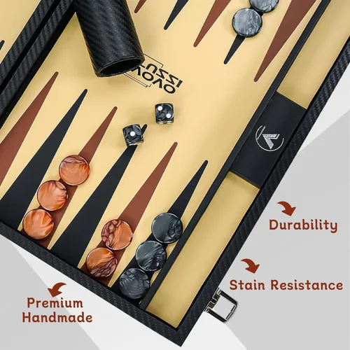 Miniatura 3 de Juego de backgammon de 15 pulgadas para adultos, de fibra de carbono de alta calidad, de piel sintética, plegable, juego de mesa clásico de viaje