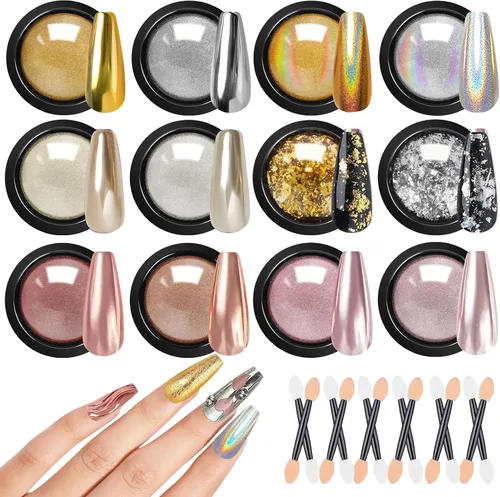 Polvo de uñas cromado dorado y plateado, 12 colores iridiscentes holográficos unicornio cromo polvo para uñas, efecto espejo metálico, oro rosa,