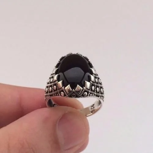 Miniatura 3 de Anillo de plata de ley 925K de ónix negro ovalado para hombre, Plata de ley, plata, Ónix