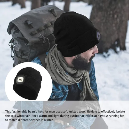 Miniatura 5 de RIDEIWAKE Gorro con linterna frontal recargable, gorro de invierno de punto iluminado para hombres, padres, pesca, camping, regalos para hombres
