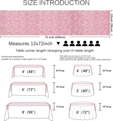 Miniatura 3 de Camino de mesa de lentejuelas de 72 pulgadas de largo, camino de mesa rosa con purpurina para fiesta, boda, bebé nupcial, 6 piezas, rosa 2-Rosa