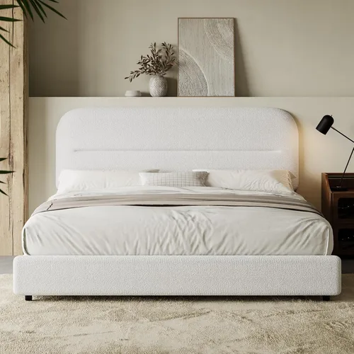 Miniatura 27 de HOMBCK - Base de cama tapizada de tejido bouclé con cabecera suave con diseño de esquinas redondeadas, listones de madera, no requiere somier, fácil