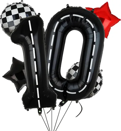 Miniatura 9 de Globos de Cumpleaños de Coche de Carreras Globo de Número de Pista de Carreras de 40 Pulgadas 0 Negro Niños 10mo Cumpleaños Decoración de Fiesta