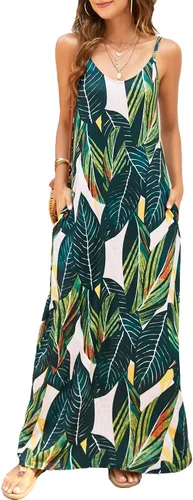 Supnier - Vestido largo de verano para mujer, vestido flora, informal y bohemio con cuello en V, sin mangas, con tirantes delgados y bolsillos