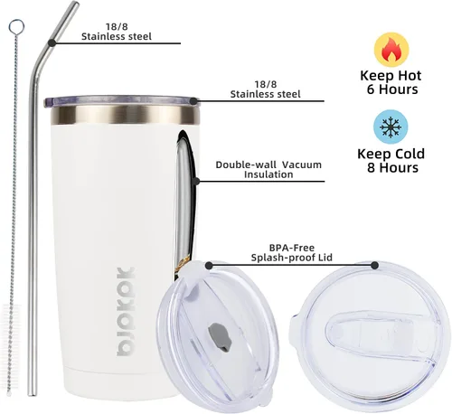 Miniatura 2 de BJPKPK Vaso de acero inoxidable blanco con tapa y pajita, vasos aislados de 20 onzas, vaso térmico para bebidas frías y calientes Blanco-20oz