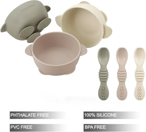 Miniatura 3 de PandaEar Paquete de 3 Tazones de Silicona con Succión para Bebés y 3 Cucharas de Alimentación para Bebés Cuencos Antideslizantes que se Mantienen