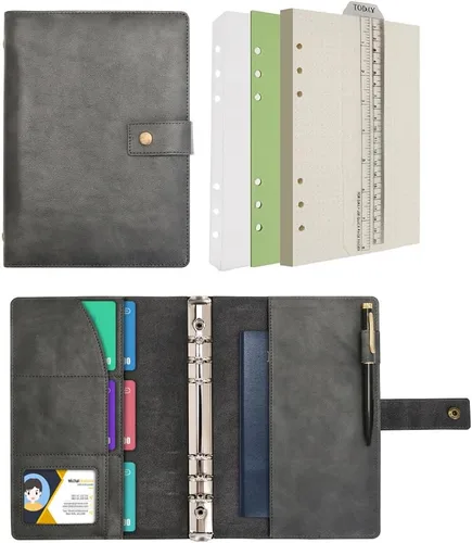 Miniatura 8 de WONDERPOOL Cuaderno de cuero recargable, cuaderno en espiral, carpeta de carpetas de diario A5 con puntos y bolsillos interiores para viajes, Marrón