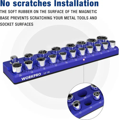 Miniatura 4 de WORKPRO Organizador magnético para llaves de vaso, soporte métrico de 1/2 pulgada, bandejas para llaves de vaso con capacidad para 19 piezas
