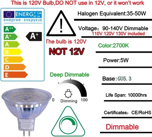 mr16 Bombilla LED regulable 120 V 110 V 5 W 2700 K blanco cálido luz blanca suave equivalente a bombilla halógena de 50 W para luz de seguimiento