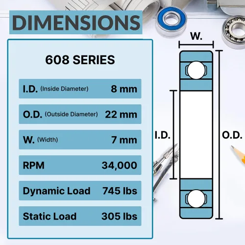 Miniatura 3 de PGN 608-2RS - Rodamiento de bolas sellado de acero cromado lubricado - Rodamientos de 0.315 x 0.866 x 0.276 in con sello de goma y soporte de altas