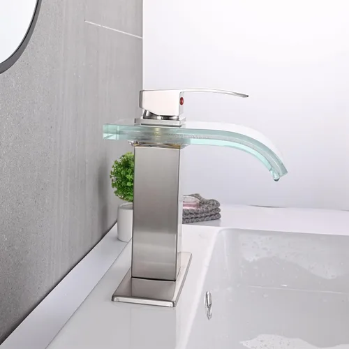 Miniatura 6 de AVSIILE Grifo de lavabo de baño LED, cascada de níquel cepillado, mango de un solo agujero, 1 agujero con drenaje desplegable de metal y 2 líneas
