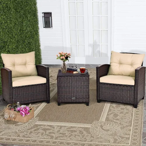 RELAX4LIFE Juego de muebles de patio de 3 piezas, juego de conversación de mimbre con 2 sillones acolchados y mesa con tapa de cristal, juego de