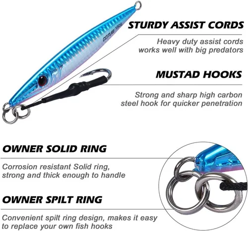 Miniatura 5 de Goture Fishing Jigs Saltwater 60g-200g with Assist Hook, Glow Vertical Jigs, Speed Fast Lead Jig Sea Fishing Jigging Spoon Lures for Tuna, Salmon
