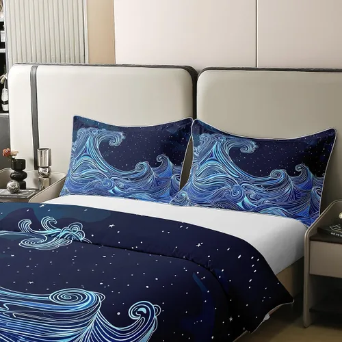 Miniatura 4 de jejeloiu Juego de funda de edredón de algodón con diseño de olas japonesas, funda de edredón 100% algodón tamaño individual para olas del mar, juego