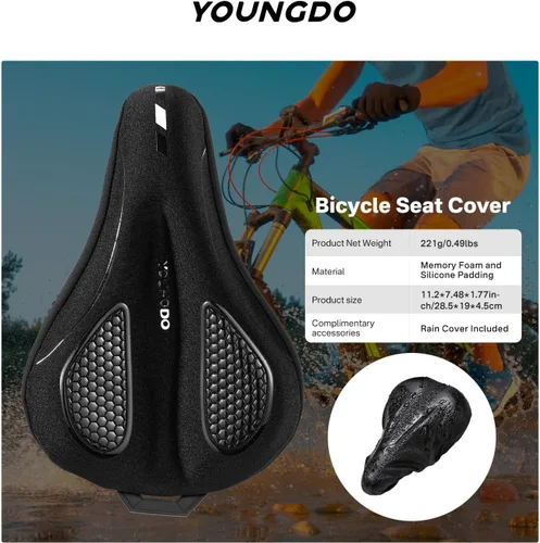 Miniatura 6 de YOUNGDO Cojín de asiento de bicicleta con funda impermeable, almohadilla de asiento de bicicleta de gel para sillín estrecho, absorción de golpes