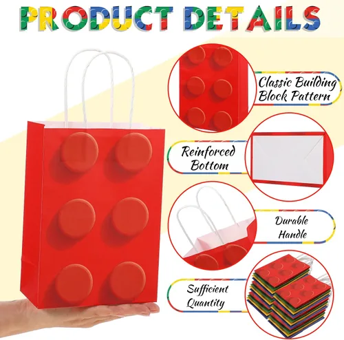 Miniatura 4 de Sabary 12 bolsas de regalo de bloques de construcción, bolsas de papel de dulces de ladrillos, bolsa de regalo con asa para bloque de construcción