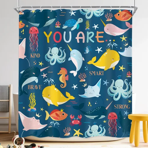Miniatura 17 de Riyidecor Ocean - Cortina de ducha para niños, 60 pulgadas de ancho x 72 pulgadas de alto, diseño de ballena, dibujos animados, animales, delfín