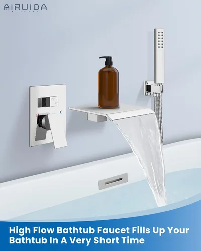 Miniatura 2 de Airuida Grifo de Bañera de Montaje en Pared con Caño de Cascada para Bañera, Grifo de Bañera Montado en la Pared con Ducha de Mano, Mango Único