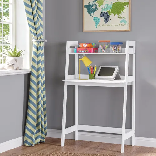 Miniatura 2 de RiverRidge Escritorio para niños con estante de escalera, mesa de escritura blanca para tareas, artes y manualidades, mesa espaciosa con estante