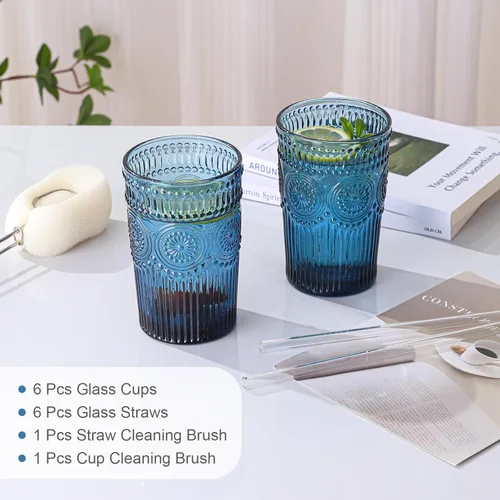 Miniatura 5 de ZMOWIPDL Juego de 6 vasos de cristal vintage para beber, 13 onzas, diseño de flores texturizadas azules, vasos de agua con rayas en relieve