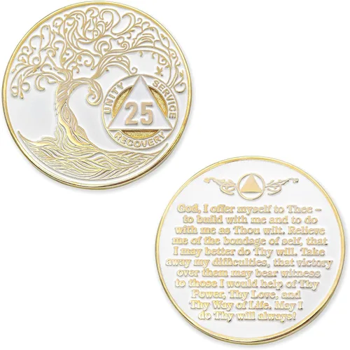Miniatura 3 de 25 años Sobriety Mint Twisted Tree of Life - Medallón de recuperación AA/NA chapado en oro, fichas y fichas, color blanco