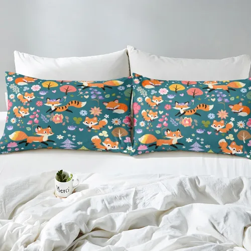 Miniatura 4 de Erosebridal Juego de sábanas de zorro con diseño de flores de arcoíris para niños y niñas, diseño de Foxtoon Animal Boho Floral Sábana bajera