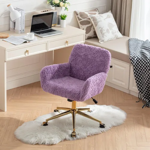 Miniatura 18 de SSLine Silla de escritorio de piel sintética, moderna y bonita silla de oficina, cómoda silla giratoria de tela de peluche mullida con ruedas