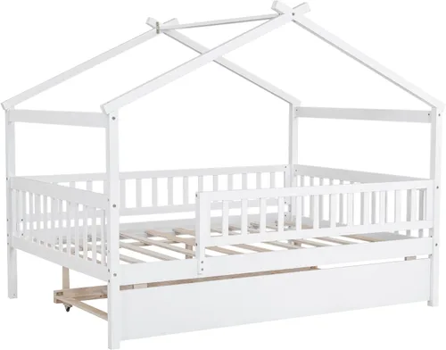 Miniatura 6 de Cama de casa con nido y valla, camas de tamaño matrimonial estilo Montessori con barandillas, marco de cama de madera para niños, niñas, niños