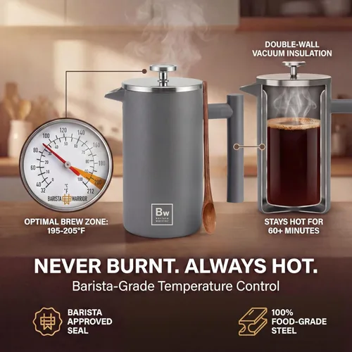 Miniatura 4 de Barista Warrior Prensa francesa con termómetro, prensa de café aislada, cafetera de acero inoxidable (1.0L, 34 onzas líquidas, gris)