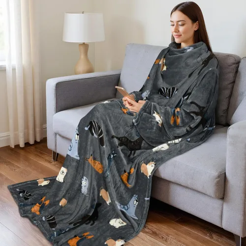 Miniatura 2 de Catalonia Manta con mangas y bolsillo, suave y cómoda manta de forro polar para mujeres y hombres Perro gris